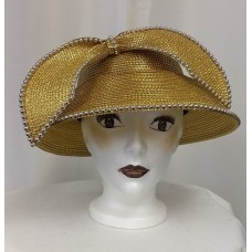 Mujer&apos;s Gold Church Hat Fashioned By Remona Benjamin Pearls Bow  eb-60149940
